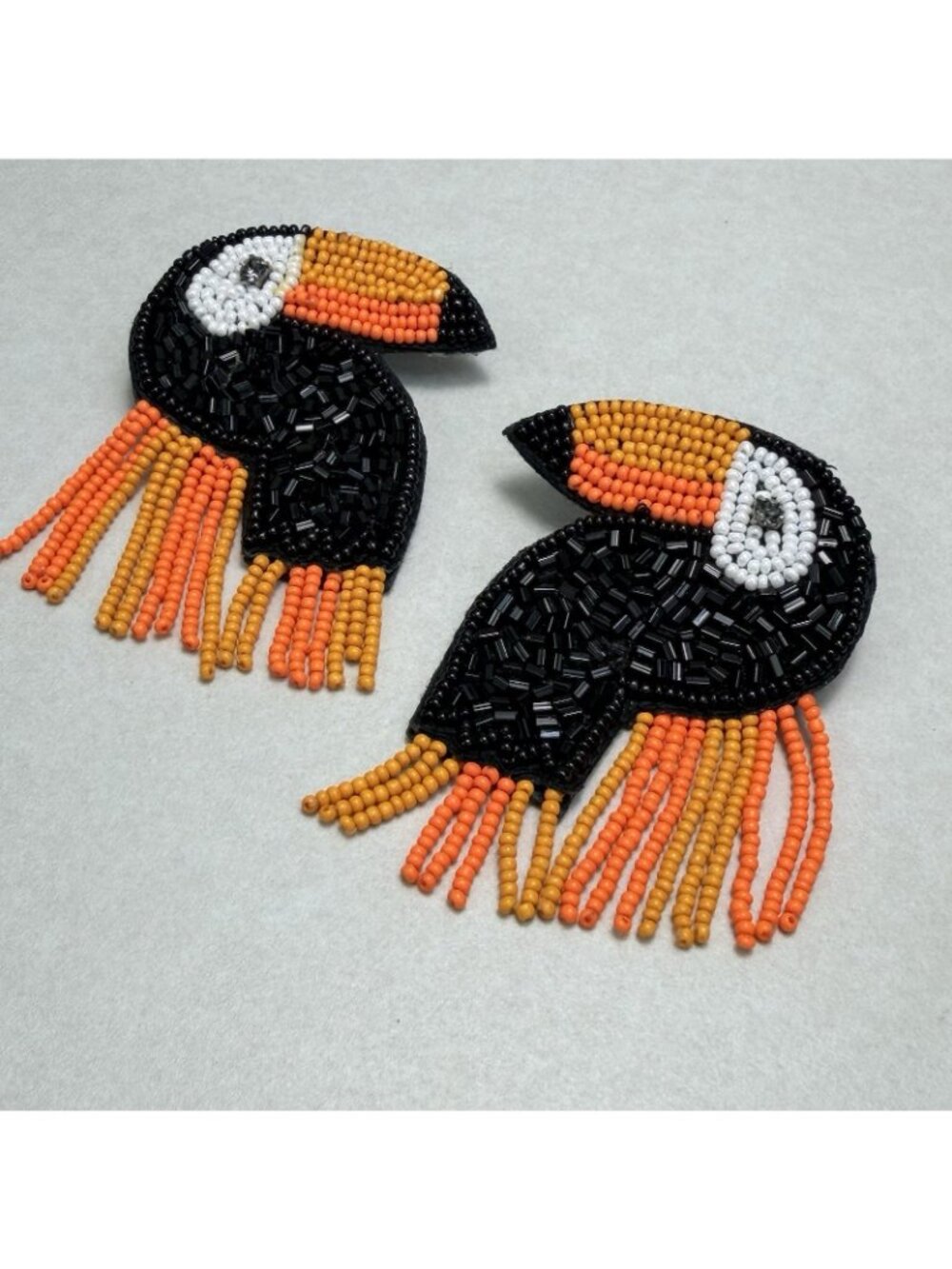 ZARA Toucan Beaded Earrings Black Orange White Pierced NWOT Tropical - Picture 6 of 6